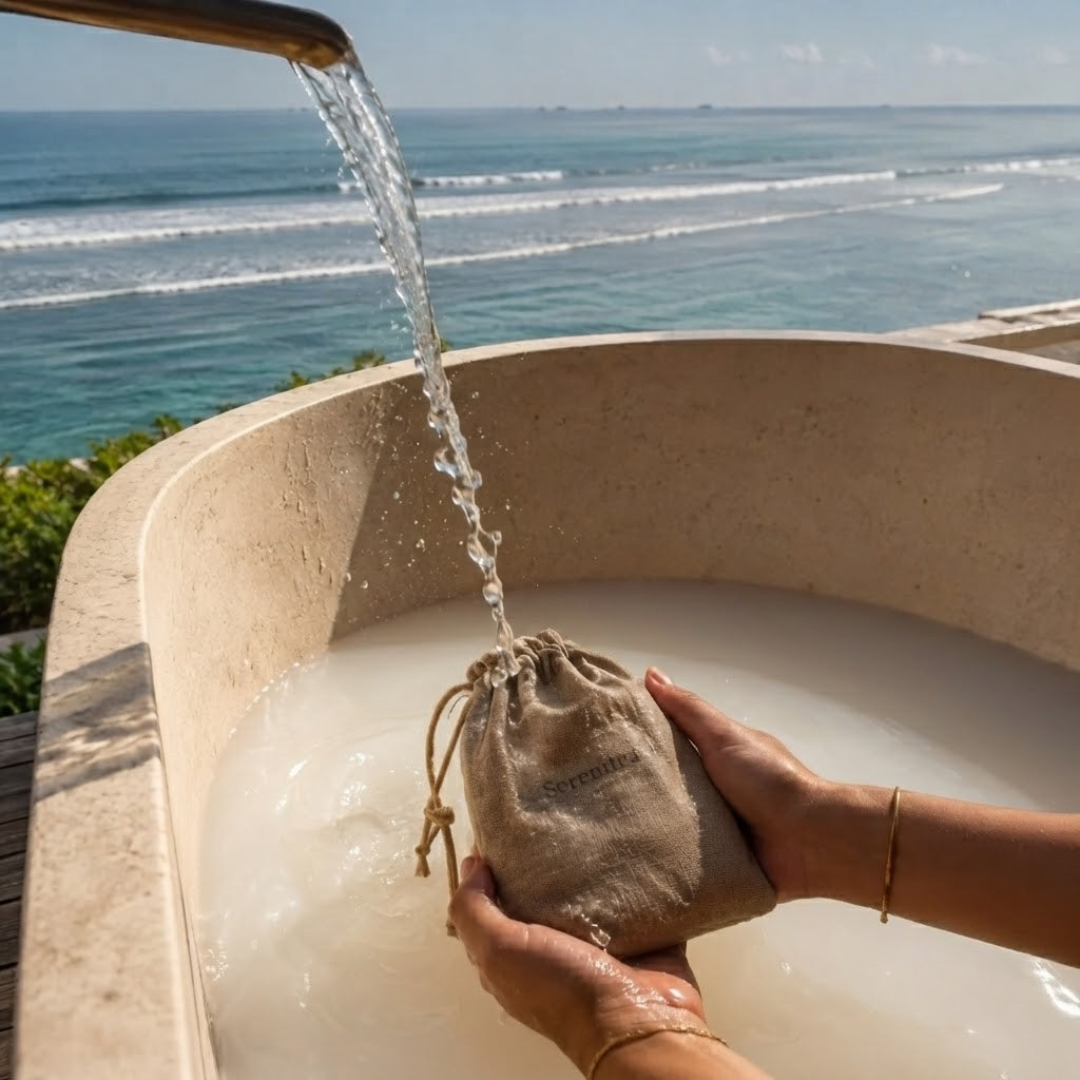 SereniTea pochon dans la baignoire, eau laiteuse face à l'océan
