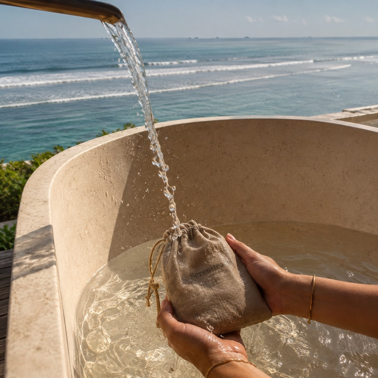 SereniTea pochon dans le bain avec vue mer